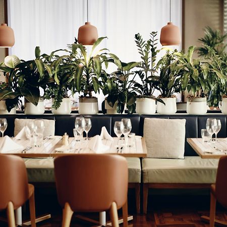 Amora Hotel Jamison Sydney Kültér fotó The photo shows an elegant restaurant interior. There are several tables neatly arranged, each set with glasses, white napkins, and light-colored tableware. The seating consists of brown chairs and a bench along the wall. Lush green plants are promin